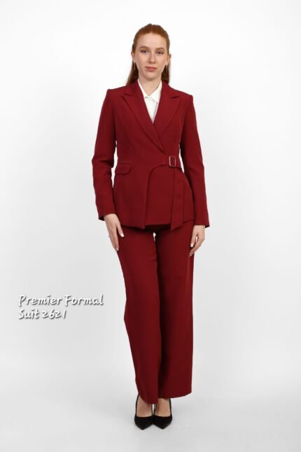 Burgundy Buckled Belt Suit