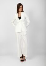 Premium women’s wrap blazer suit with tie belt and straight-cut trousers, full-length view