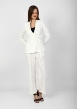 Premium women’s wrap blazer suit with tie belt and straight-cut trousers, full-length view