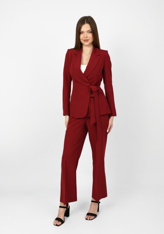 Premium women’s wrap blazer suit with side tie belt and covered buttons, side view