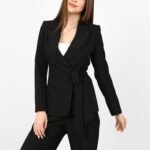 Premium women’s wrap blazer suit with tie belt and straight-cut trousers, front view