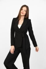 Premium women’s wrap blazer suit with tie belt and straight-cut trousers, front view