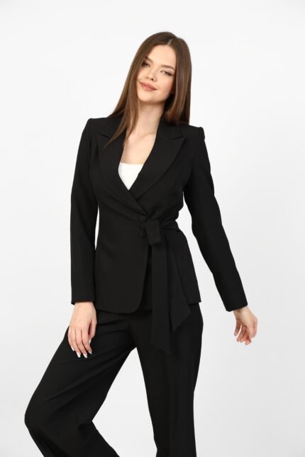 Premium women’s wrap blazer suit with tie belt and straight-cut trousers, front view