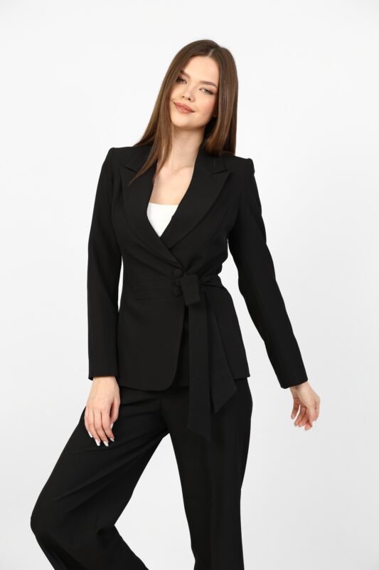 Premium women&rsquo;s wrap blazer suit with tie belt and straight-cut trousers, front view
